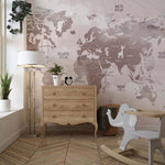 Tapet Personalizat Micii Exploratori cu harta lumii pentru copii cu animale in nuante de maro - CLOUDY BROWN MAP