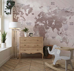 Tapet Personalizat Micii Exploratori cu harta lumii pentru copii cu animale in nuante de maro - CLOUDY BROWN MAP