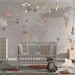 Tapet Personalizat Micii Exploratori cu harta lumii pentru copii detaliata cu animale in nuante de maro - BEIGE ANIMALS WORLD MAP
