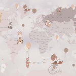 Tapet Personalizat Micii Exploratori cu harta lumii pentru copii detaliata cu animale in nuante de maro - BEIGE ANIMALS WORLD MAP
