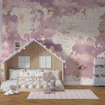 Tapet Personalizat Micii Exploratori cu harta lumii in nuante de roz si mov - PINK CLOUDY MAP