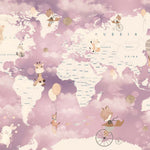 Tapet Personalizat Micii Exploratori cu harta lumii in nuante de roz si mov - PINK CLOUDY MAP