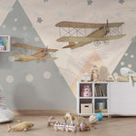 Tapet Personalizat Micii Exploratori cu avioane peste varfuri de munti abstracti texturati - TEXTURED MOUNTAINS BIPLANES