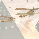 Tapet Personalizat Micii Exploratori cu avioane peste varfuri de munti abstracti texturati - TEXTURED MOUNTAINS BIPLANES