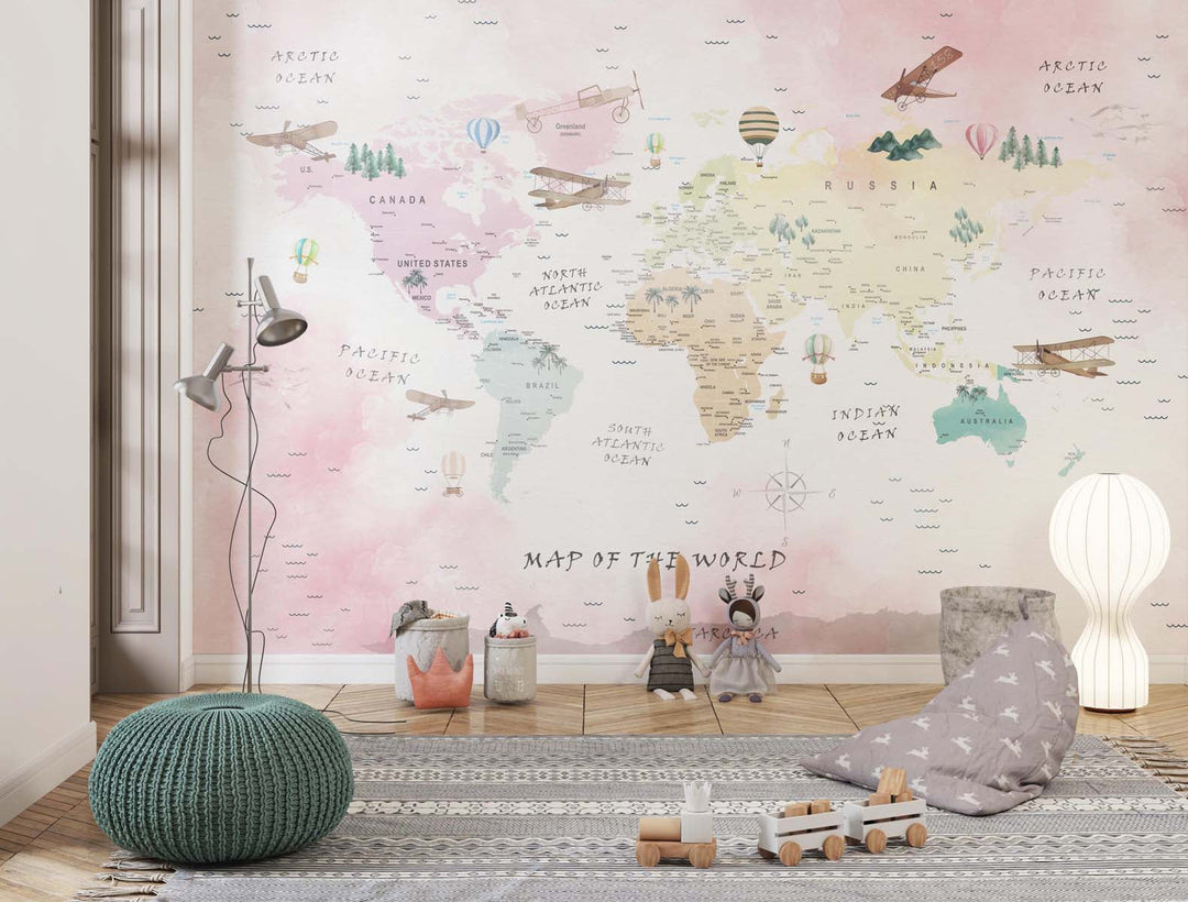 Tapet Personalizat Micii Exploratori cu harta lumii detaliata si elemente de vegetatie pe un fundal roz - DETAILED PINK MAP