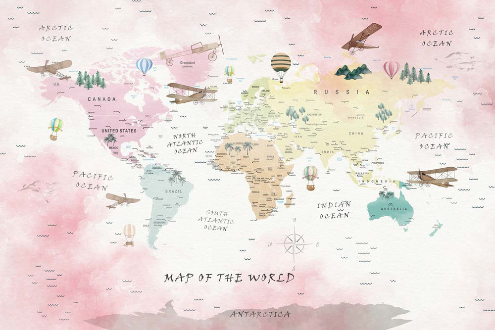 Tapet Personalizat Micii Exploratori cu harta lumii detaliata si elemente de vegetatie pe un fundal roz - DETAILED PINK MAP