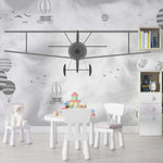 Tapet Personalizat Micii Exploratori cu avion si baloane cu aer cald in alb negru - GRAYSCALE PLANE