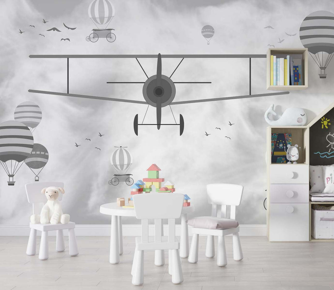 Tapet Personalizat Micii Exploratori cu avion si baloane cu aer cald in alb negru - GRAYSCALE PLANE