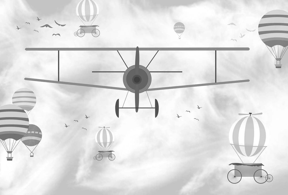 Tapet Personalizat Micii Exploratori cu avion si baloane cu aer cald in alb negru - GRAYSCALE PLANE