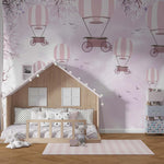 Tapet Personalizat Micii Exploratori cu baloane cu aer cald si pasari pe cerul roz - PINK SPRING BALLOONS