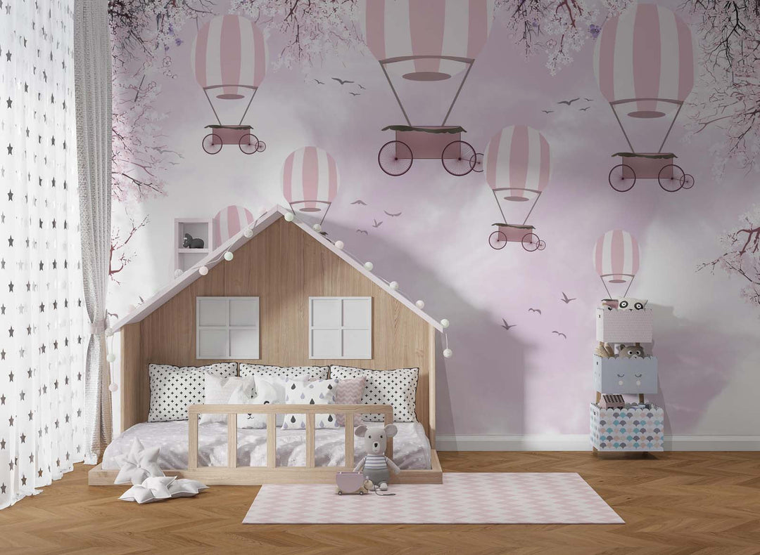 Tapet Personalizat Micii Exploratori cu baloane cu aer cald si pasari pe cerul roz - PINK SPRING BALLOONS