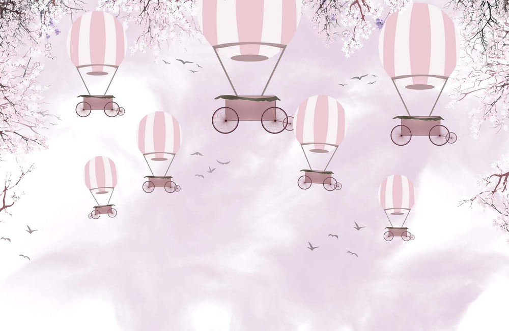 Tapet Personalizat Micii Exploratori cu baloane cu aer cald si pasari pe cerul roz - PINK SPRING BALLOONS