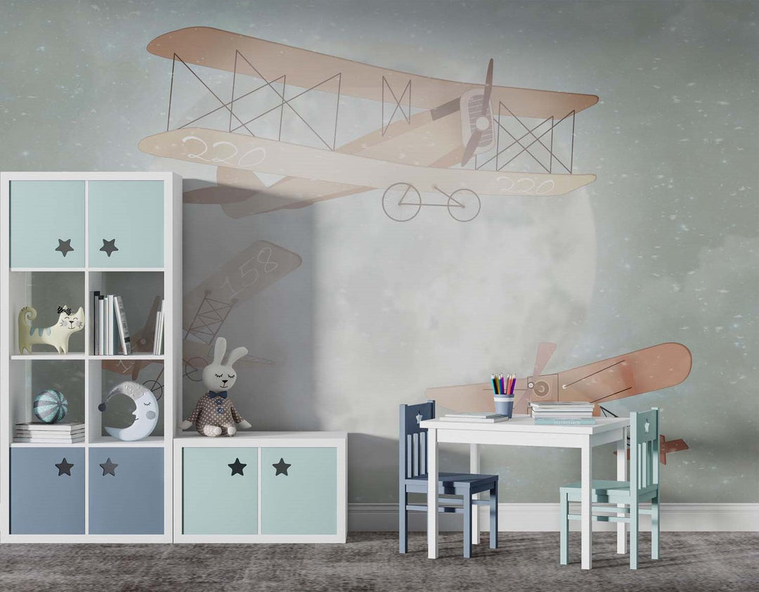 Tapet Personalizat Micii Exploratori cu avioane zburand peste luna in ceata - MOONSHINE BIPLANES