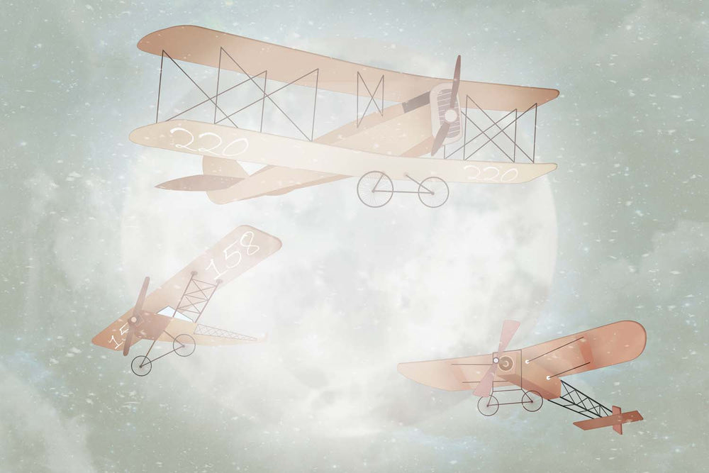 Tapet Personalizat Micii Exploratori cu avioane zburand peste luna in ceata - MOONSHINE BIPLANES