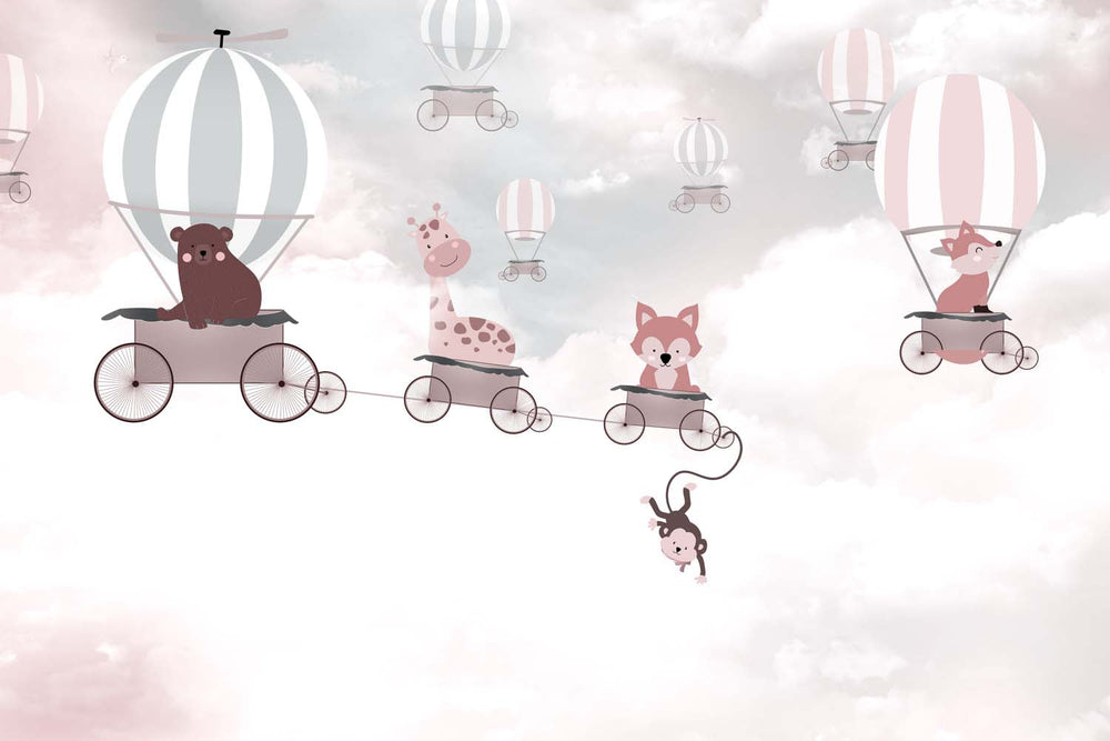 Tapet Personalizat Micii Exploratori cu baloane cu aer cald si animalute printre nori pe cerul roz pudrat - FALLING MONKEY