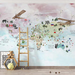 Tapet Personalizat Micii Exploratori cu harta lumii detaliata cu steaguri pe fundal gradient roz-albastru - DETAILED COUNTRIES MAP