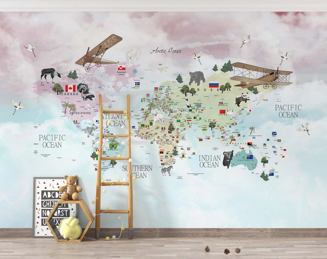 Tapet Personalizat Micii Exploratori cu harta lumii detaliata cu steaguri pe fundal gradient roz-albastru - DETAILED COUNTRIES MAP