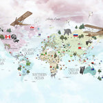 Tapet Personalizat Micii Exploratori cu harta lumii detaliata cu steaguri pe fundal gradient roz-albastru - DETAILED COUNTRIES MAP