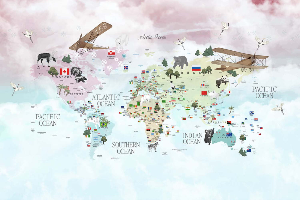 Tapet Personalizat Micii Exploratori cu harta lumii detaliata cu steaguri pe fundal gradient roz-albastru - DETAILED COUNTRIES MAP