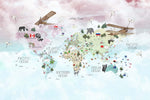 Tapet Personalizat Micii Exploratori cu harta lumii detaliata cu steaguri pe fundal gradient roz-albastru - DETAILED COUNTRIES MAP