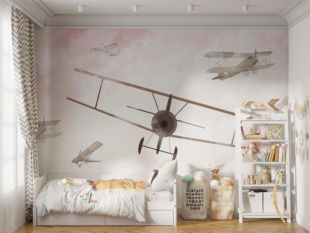 Tapet Personalizat Micii Exploratori cu avioane pe cerul innorat in nuante de roz - PINK SKY BIPLANE