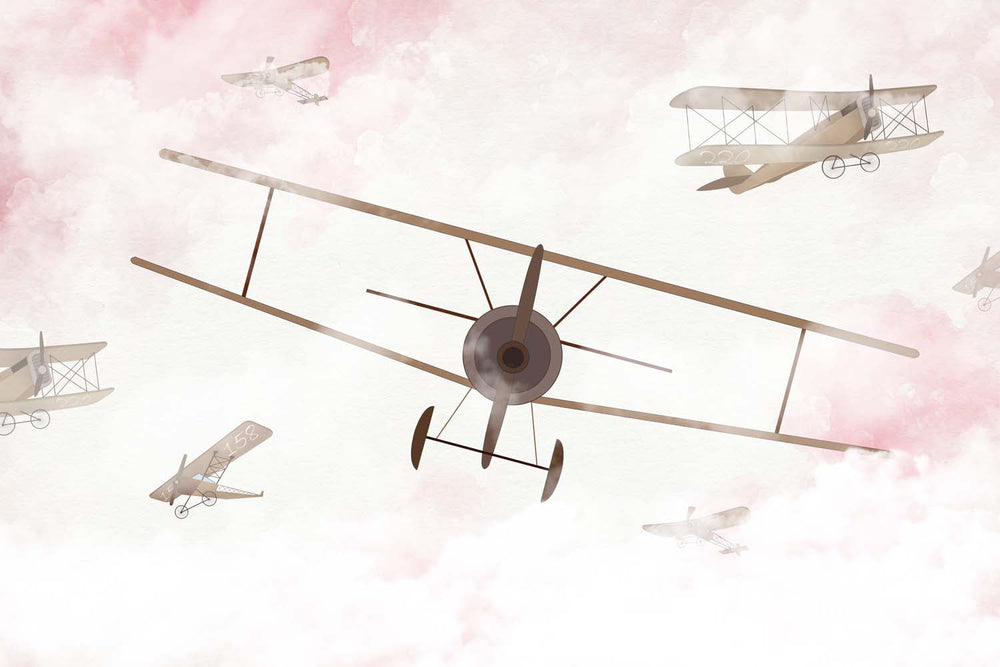 Tapet Personalizat Micii Exploratori cu avioane pe cerul innorat in nuante de roz - PINK SKY BIPLANE