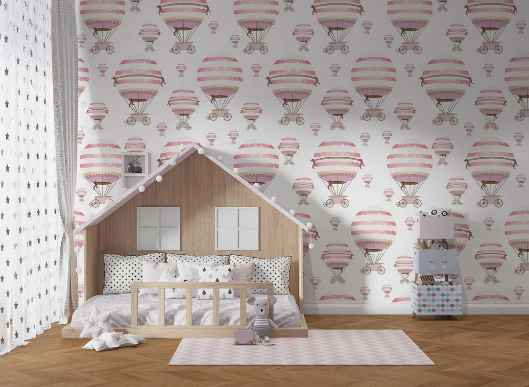 Tapet Personalizat Micii Exploratori cu pattern cu baloane cu aer cald roz - PINK BALLOONS PATTERN