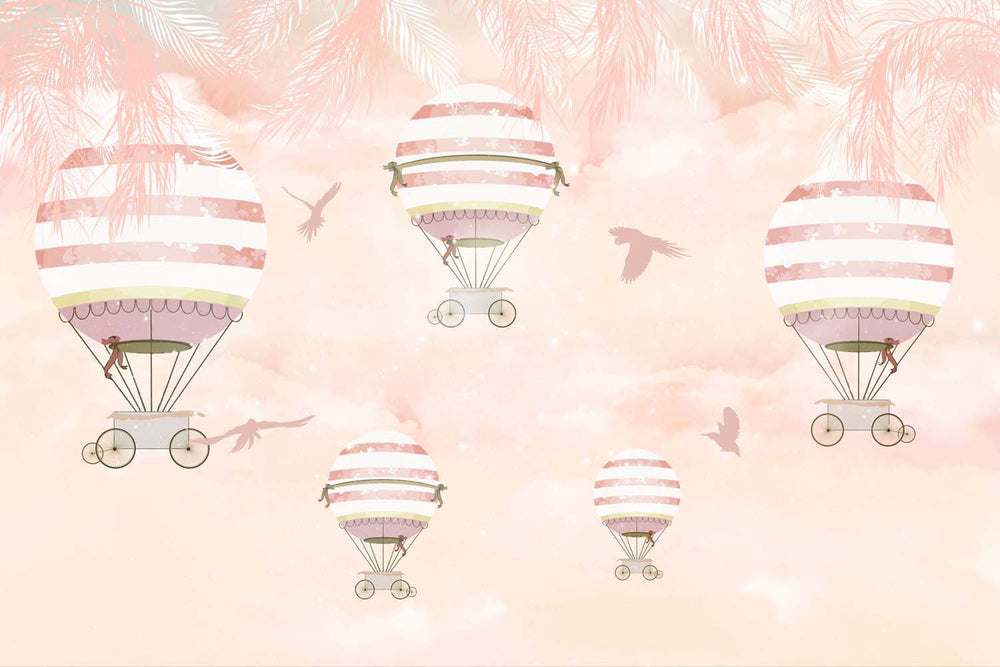 Tapet Personalizat Micii Exploratori cu baloane cu aer cald si frunze de palmieri in nuante trandafirii - PEACHY PALMS BALLOONS