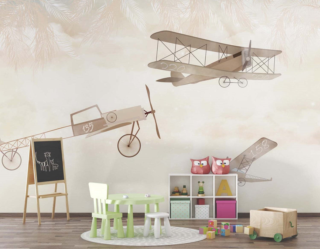 Tapet Personalizat Micii Exploratori cu avioane si frunze de palmier in nuante de maro si crem - FLY UNDER THE PALMS