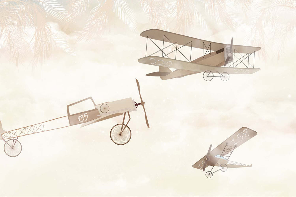 Tapet Personalizat Micii Exploratori cu avioane si frunze de palmier in nuante de maro si crem - FLY UNDER THE PALMS