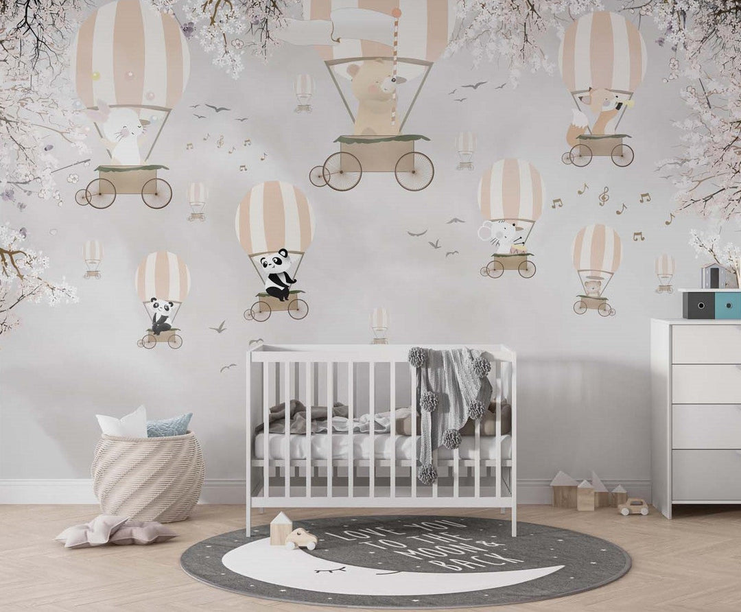 Tapet Personalizat Micii Exploratori cu baloane cu aer cald si animale printre copacii infloriti - WHITE CHERRY BLOOM BALLOONS