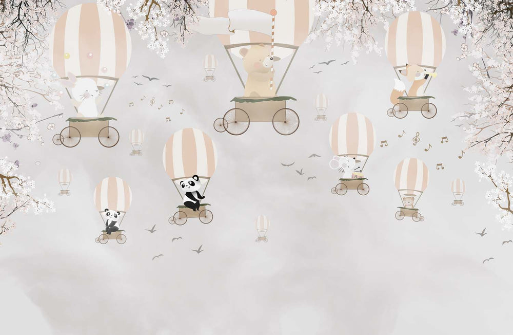 Tapet Personalizat Micii Exploratori cu baloane cu aer cald si animale printre copacii infloriti - WHITE CHERRY BLOOM BALLOONS