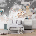 Tapet Personalizat Micii Exploratori cu avion cu animalute zburand peste luna - FLAGGING THE MOON