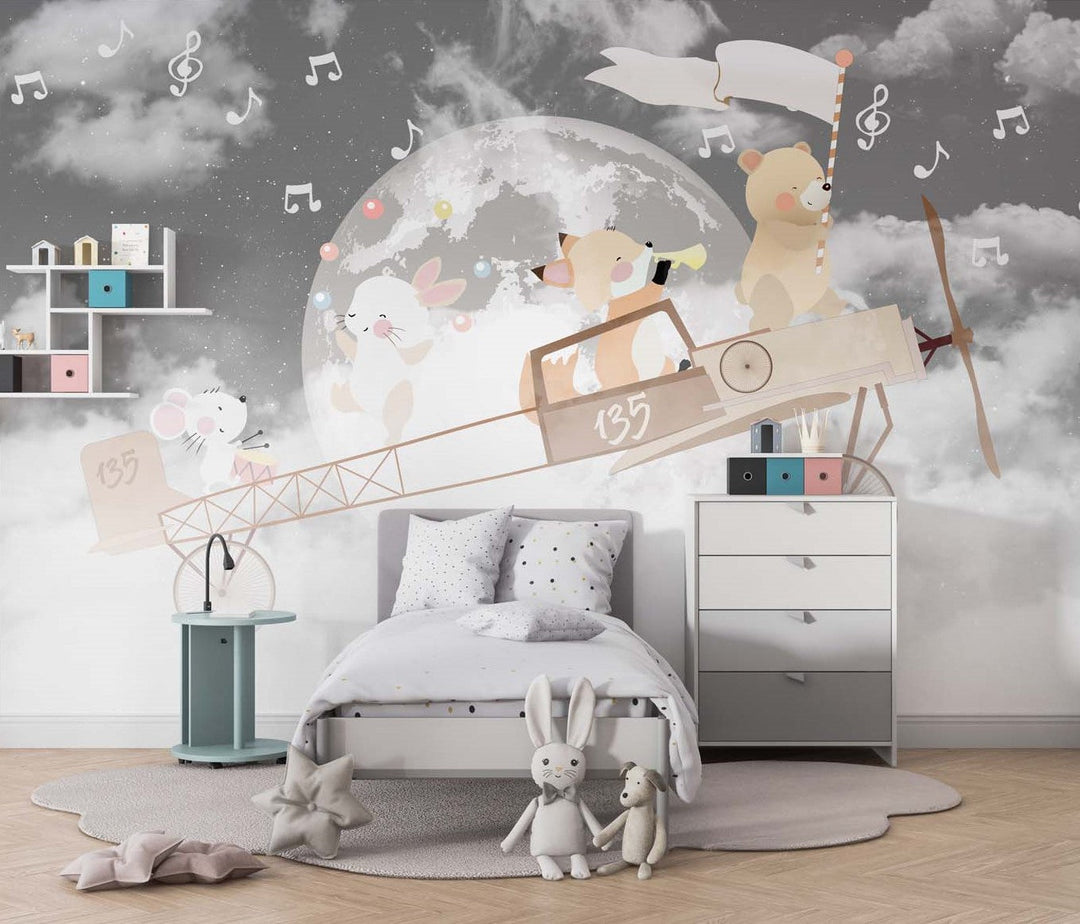 Tapet Personalizat Micii Exploratori cu avion cu animalute zburand peste luna - FLAGGING THE MOON