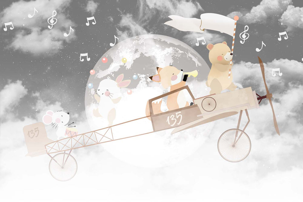 Tapet Personalizat Micii Exploratori cu avion cu animalute zburand peste luna - FLAGGING THE MOON