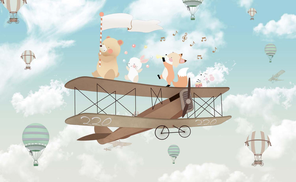 Tapet Personalizat Micii Exploratori cu animalute mergand pe avion pe cerul albastru cu nori - SINGING ON THE BIPLANE