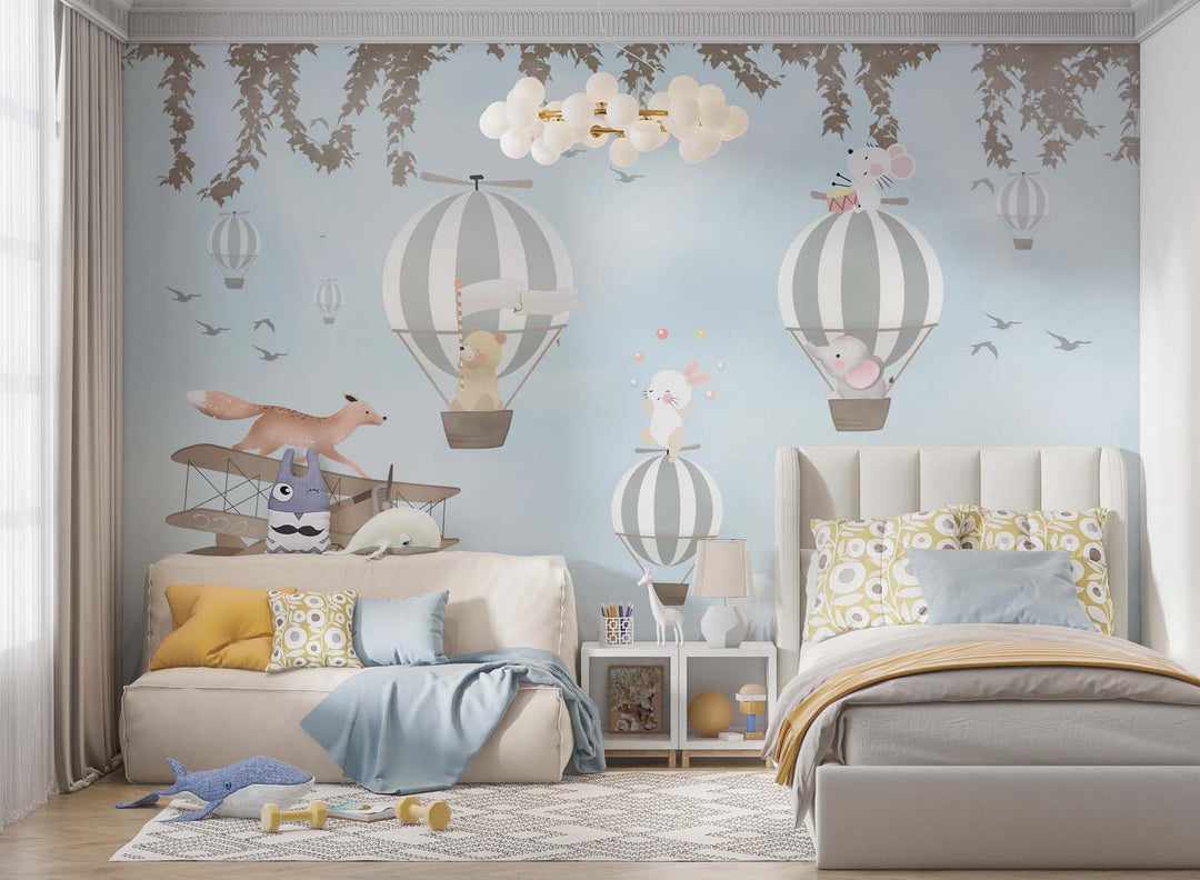 Tapet Personalizat Micii Exploratori cu animale in echilibru in baloane cu aer cald si avion desupra muntilor - OVER THE MOUNTAIN TRICKS