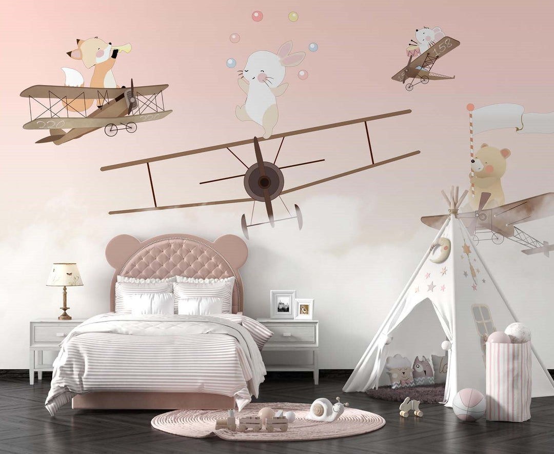 Tapet Personalizat Micii Exploratori cu trupa muzicala de animale pe avioane si fundal trandafiriu roz - BIPLANE BAND REUNION