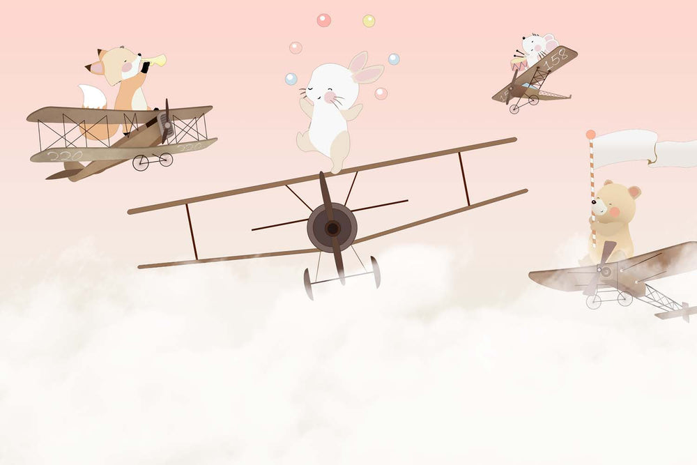 Tapet Personalizat Micii Exploratori cu trupa muzicala de animale pe avioane si fundal trandafiriu roz - BIPLANE BAND REUNION
