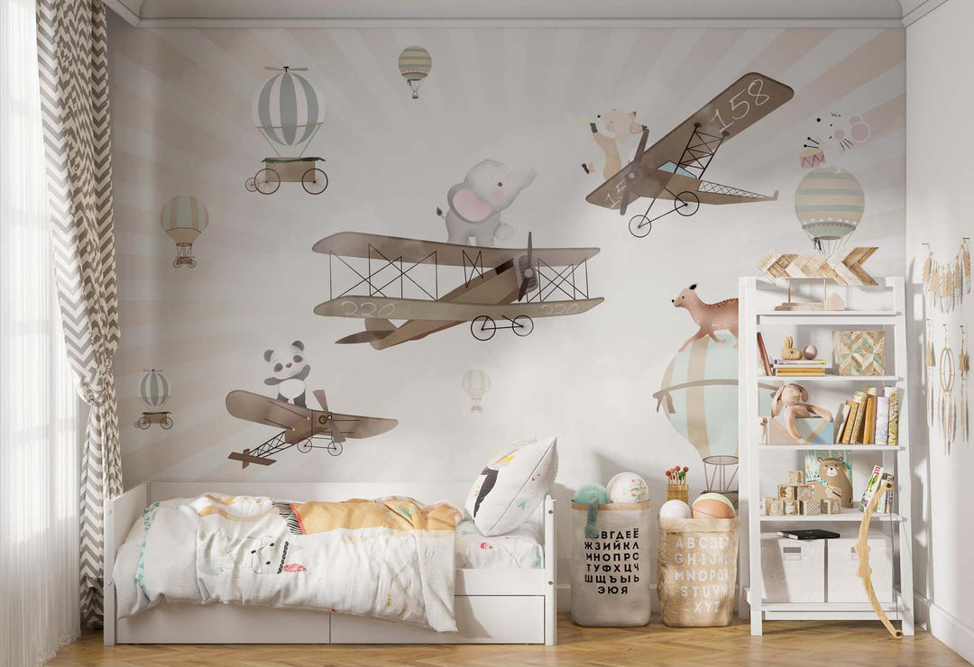 Tapet Personalizat Micii Exploratori cu animalute pe avioane si baloane cu aer cald - SURPRISE ANIMALS