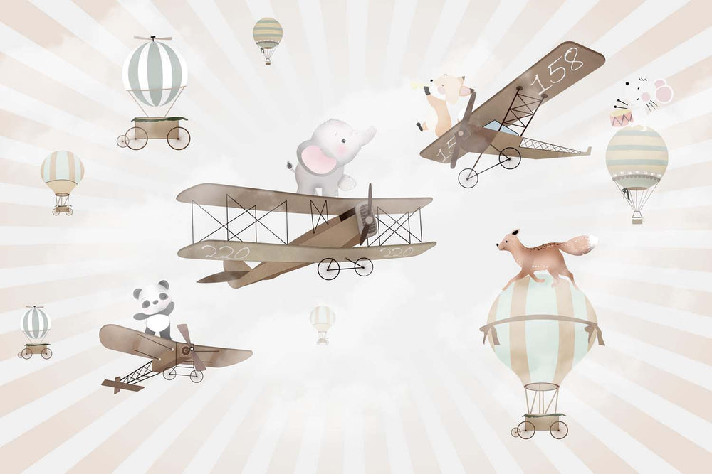 Tapet Personalizat Micii Exploratori cu animalute pe avioane si baloane cu aer cald - SURPRISE ANIMALS