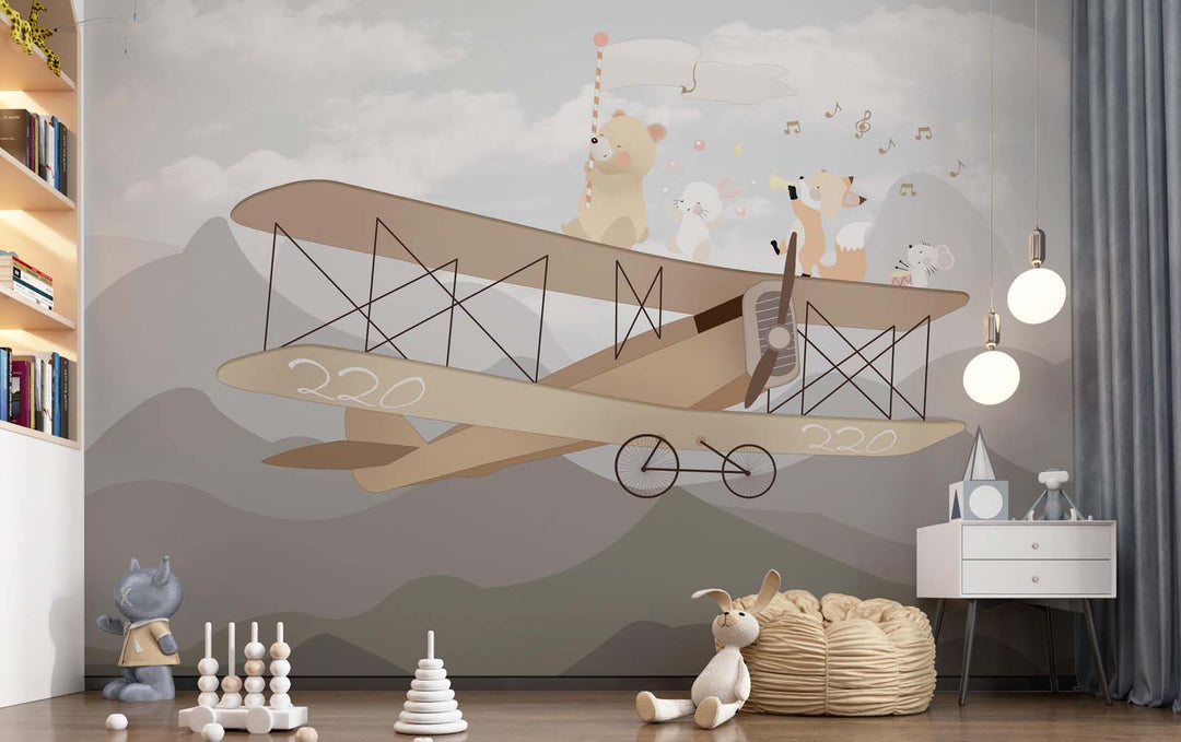 Tapet Personalizat Micii Exploratori cu animalute cantand pe avion peste muntii gri - MARCHING THE PLANE