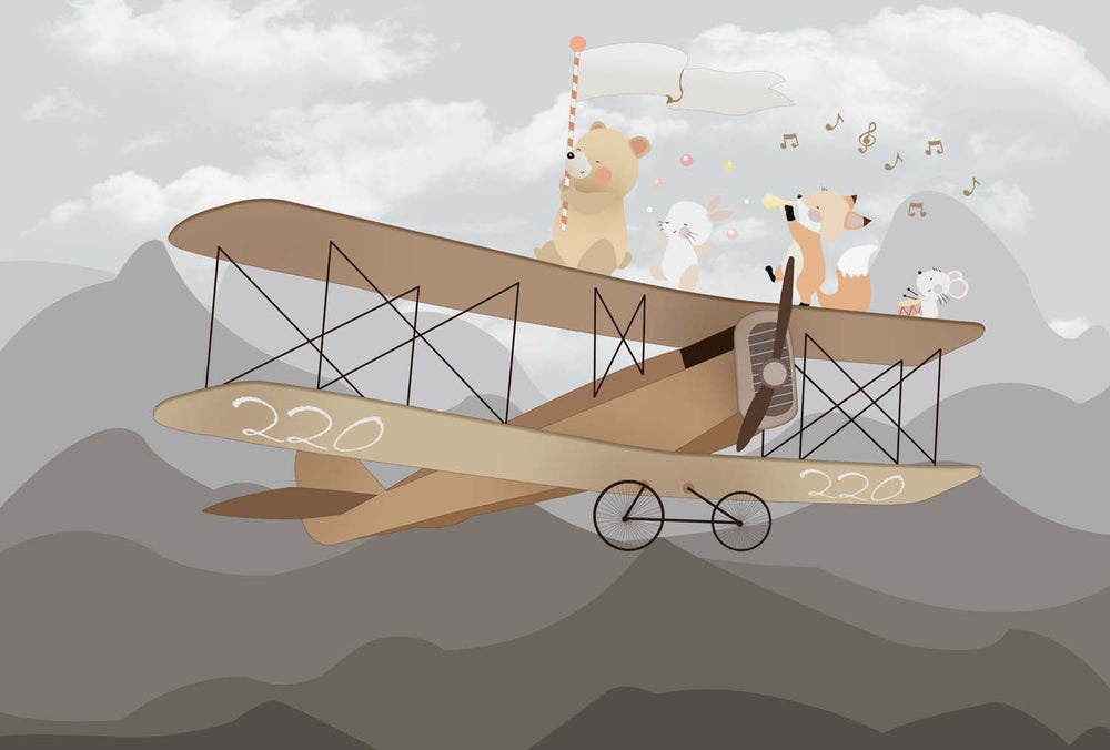 Tapet Personalizat Micii Exploratori cu animalute cantand pe avion peste muntii gri - MARCHING THE PLANE
