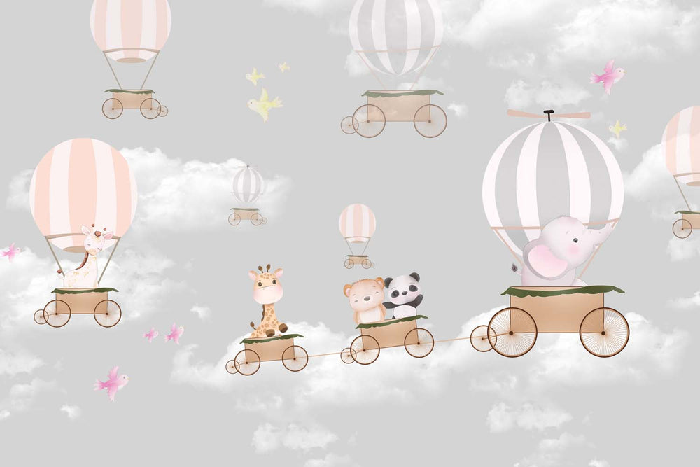 Tapet Personalizat Micii Exploratori cu trenulet de animalute in zbor peste cerul cu nori - BIRDS FLYING HIGH