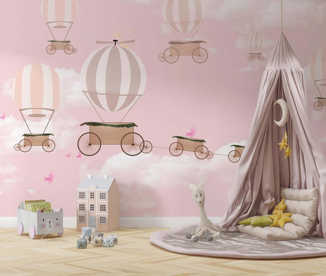 Tapet Personalizat Micii Exploratori cu pasari in zbor si baloane cu aer cald pe un fundal roz - BIRDS FLYING HIGH GREY