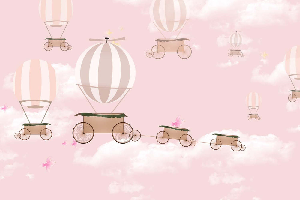 Tapet Personalizat Micii Exploratori cu pasari in zbor si baloane cu aer cald pe un fundal roz - BIRDS FLYING HIGH GREY