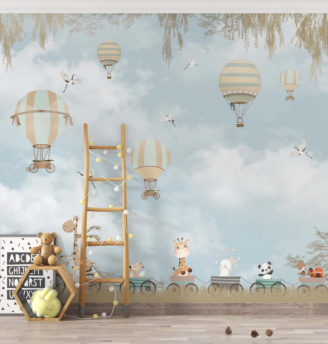 Tapet Personalizat Micii Exploratori cu trenulet de animalute in natura, egrete si baloane cu aer cald - MEETING EGRETES