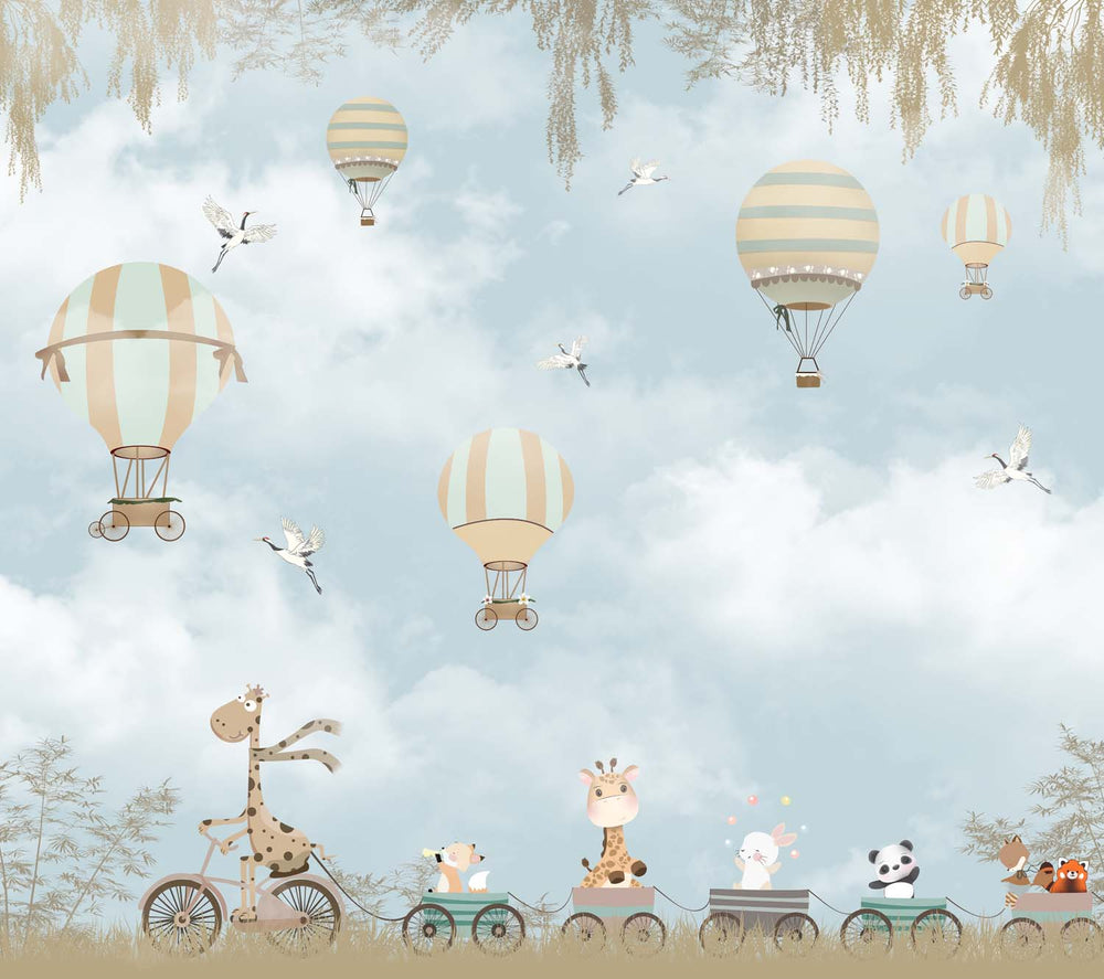 Tapet Personalizat Micii Exploratori cu trenulet de animalute in natura, egrete si baloane cu aer cald in nuante sepia - MEETING EGRETES BEIGE