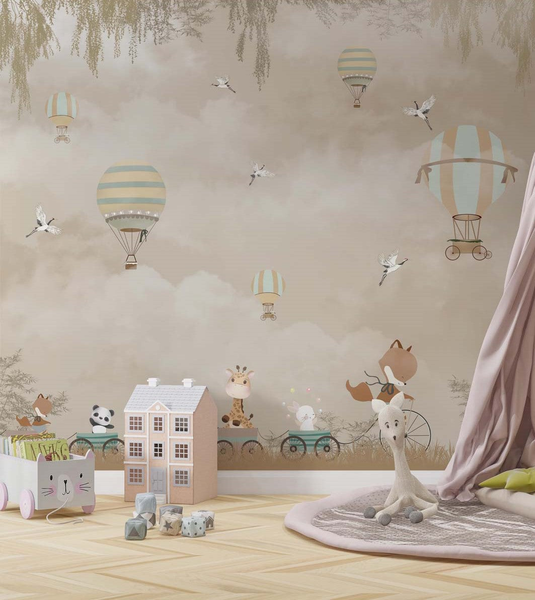Tapet Personalizat Micii Exploratori cu trenulet de animalute in natura, egrete si baloane cu aer cald in nuante sepia - MEETING EGRETES BEIGE