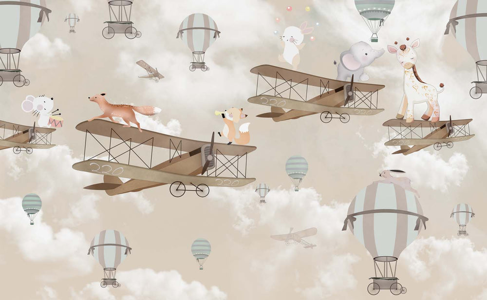 Tapet Personalizat Micii Exploratori cu animalute pe avioane si baloane cu aer cald in nuante de bej - FULL AUDIENCE